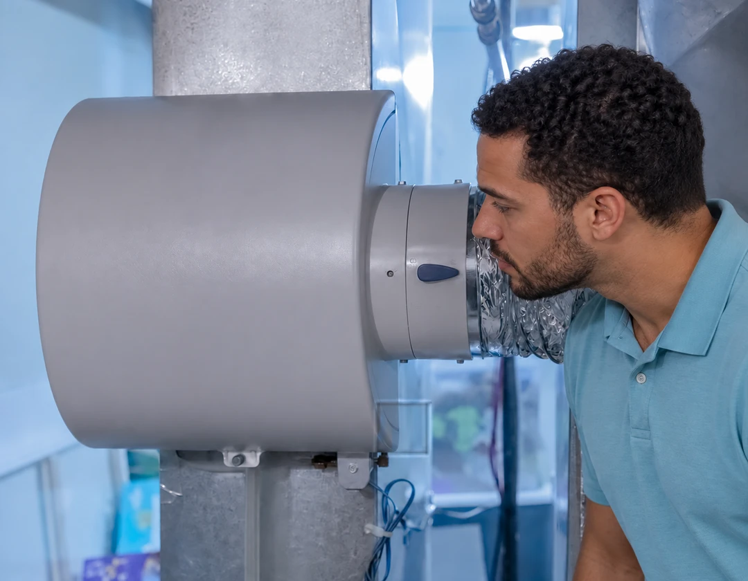 Man inspecting a furnace humidifier as part of routine HVAC maintenance.
