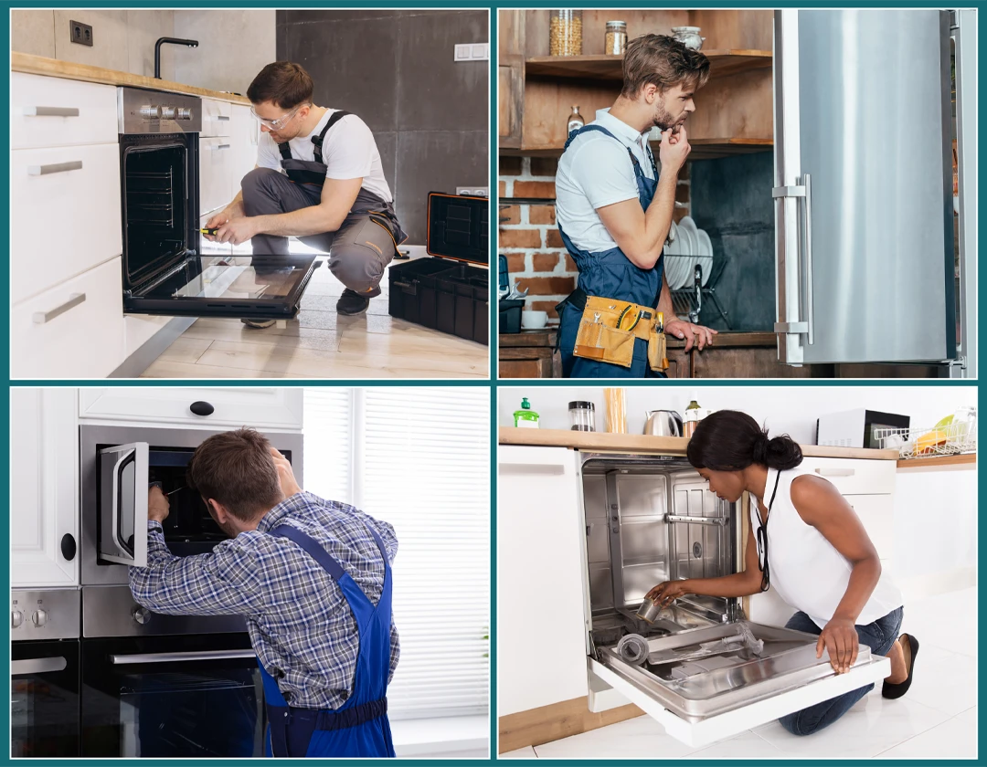 Four appliance technicians inspecting and repairing an oven, refrigerator, microwave and dishwasher.