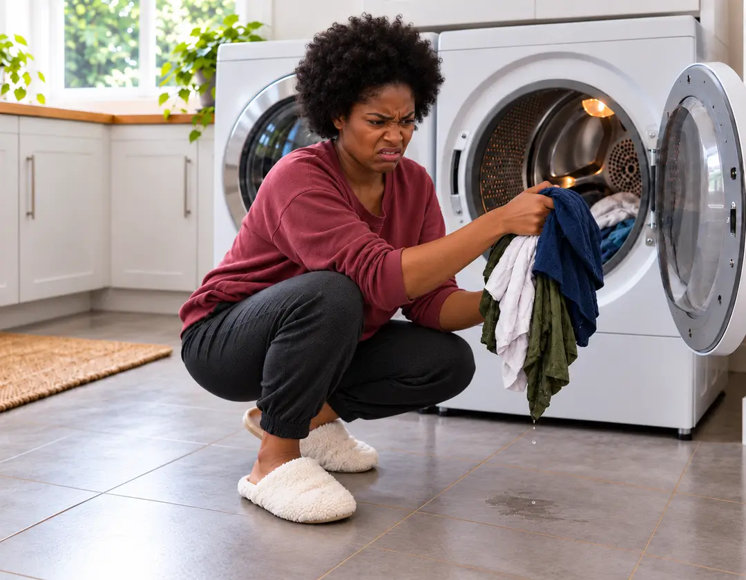 Woman removing wet clothes from the dryer