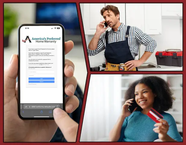 A three-frame image of a smartphone, homeowner, and contractor working on an APHW claims process.