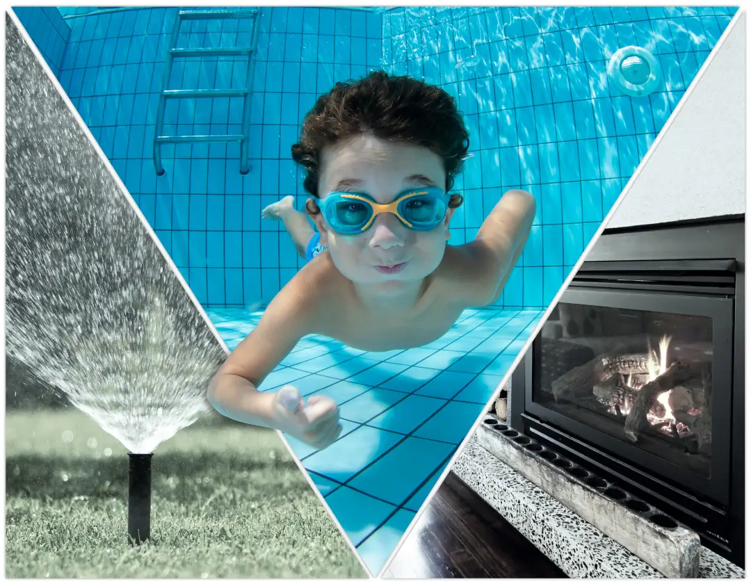 A collage of a boy swimming, a yard sprinkler, and an electric fireplace.