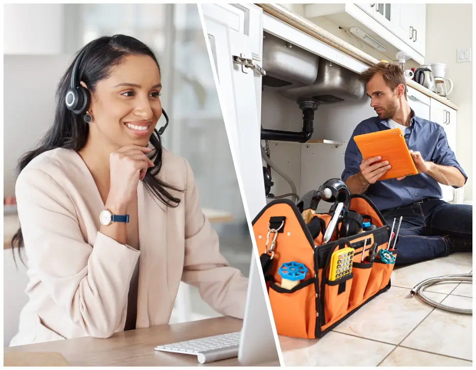 Customer service representative on one half of the screen, while a repair man is on the other.