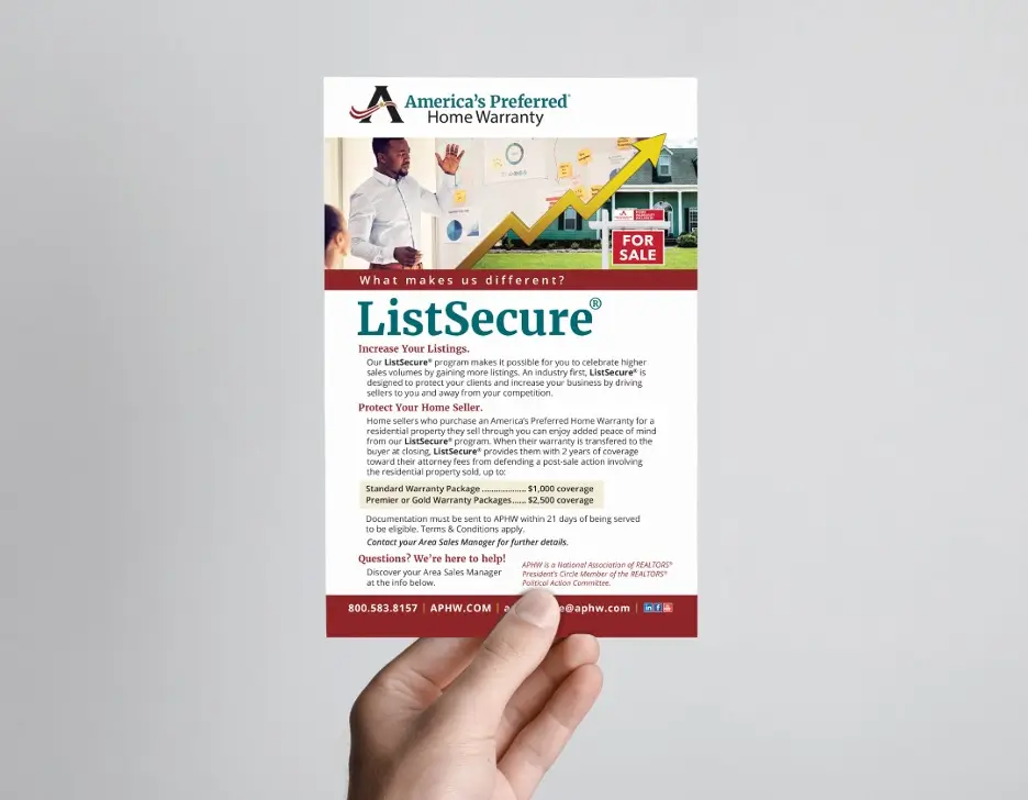 A hand holding up APHW's ListSecure marketing material.