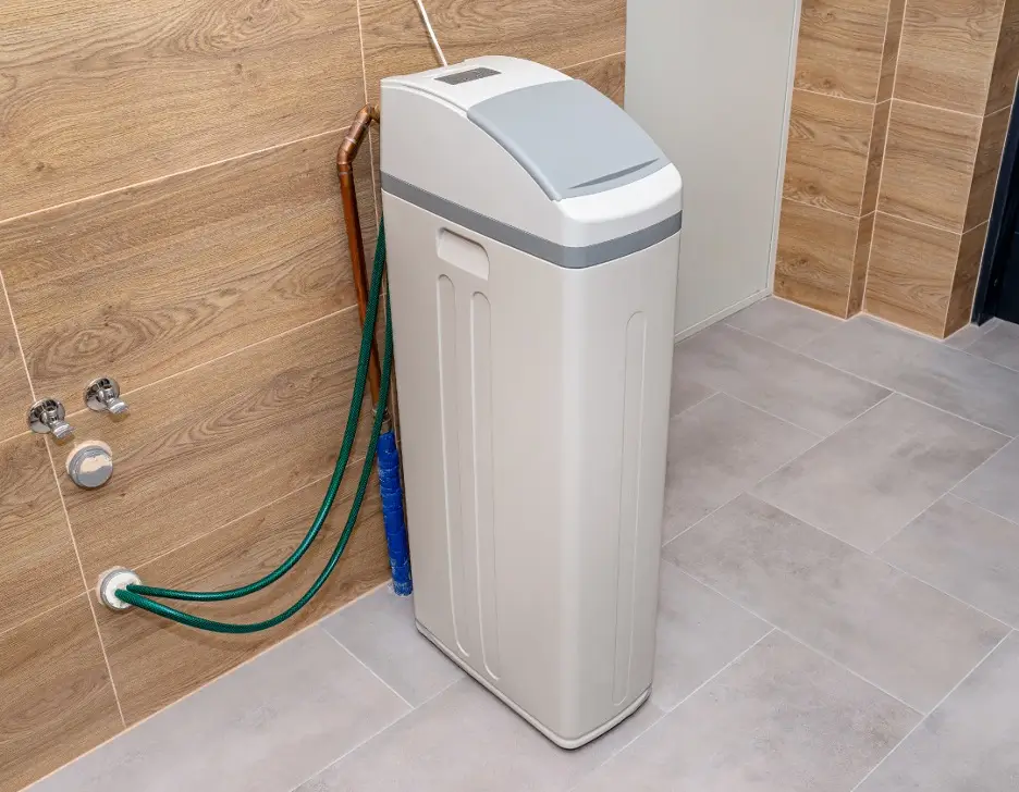 A water-softening machine hooked up to the wall.