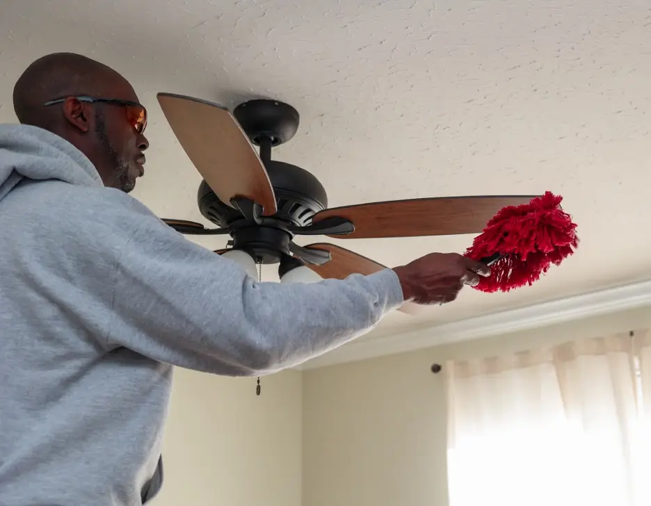 Man dusting his ceiling fan with a duster.
