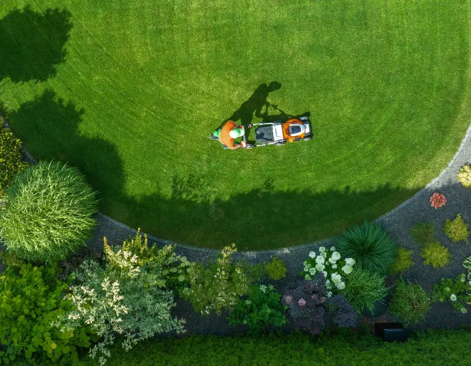 Overhead image of a man mowing his lawn in a circle.