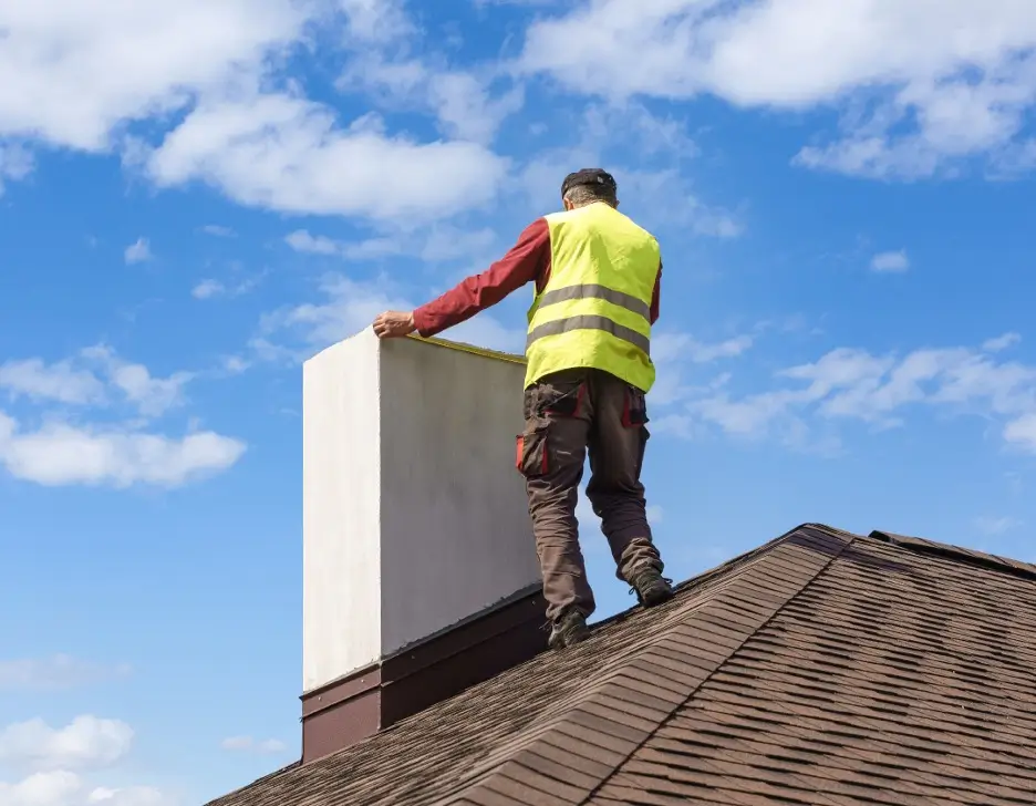 A roof worker inspecting a roof on top of a home.