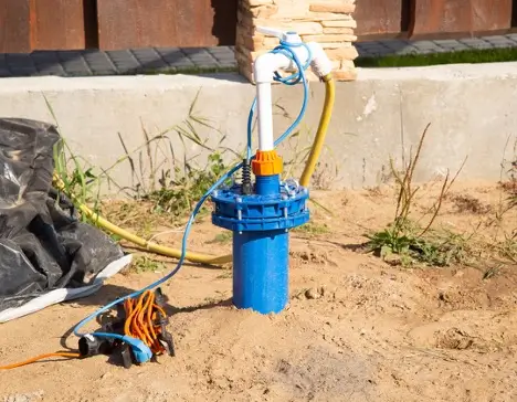 A water well pump sticking up out of the ground.