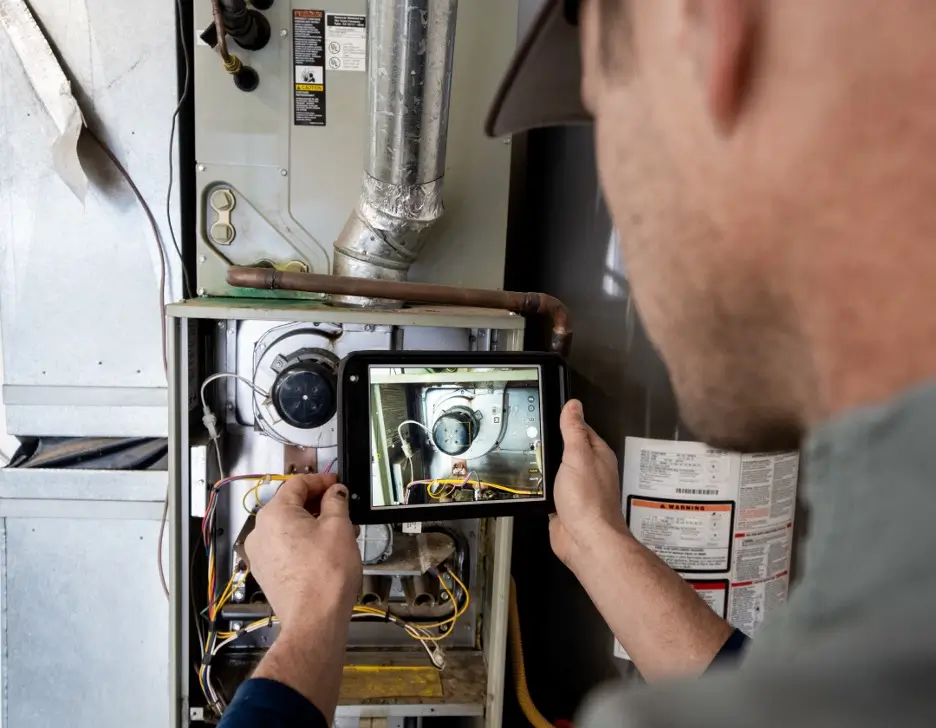 A maintenance worker taking a photo of the inside of a furnace.