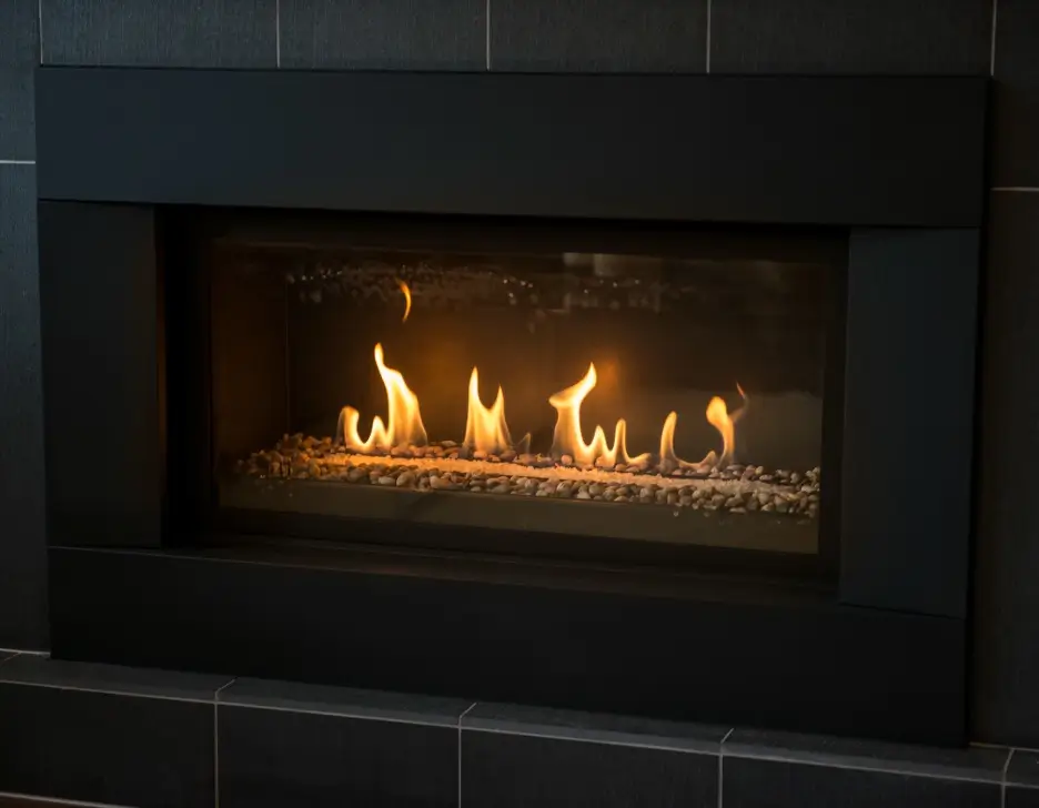 A fire inside of a fireplace in a home.