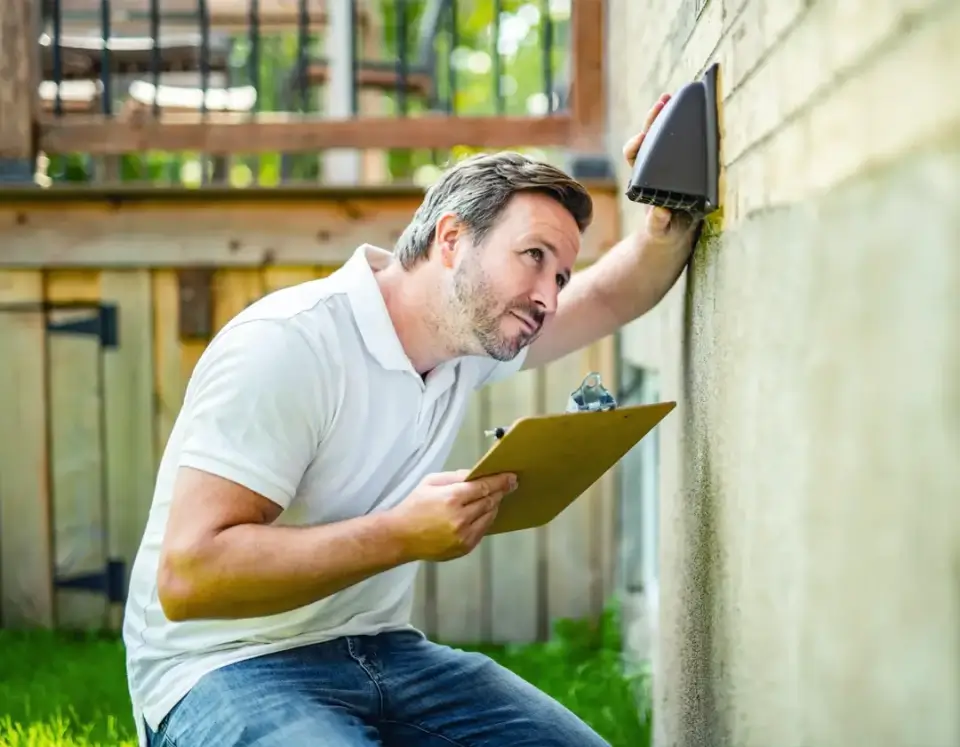 Homeowner checking their exterior dryer vent for lint buildup.