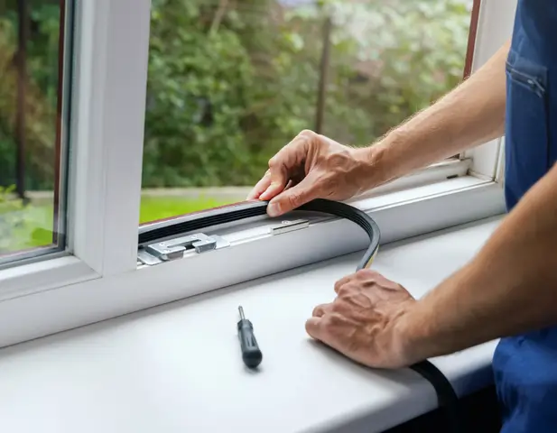 A homeowner sealing their windows, in preparation for the cold winter months ahead.